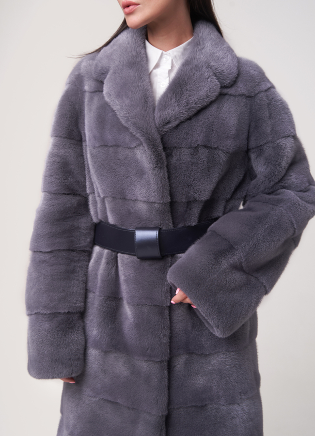 Норковая шуба в цвете графит с английским воротником поперечная модель № S-762 в рассрочку