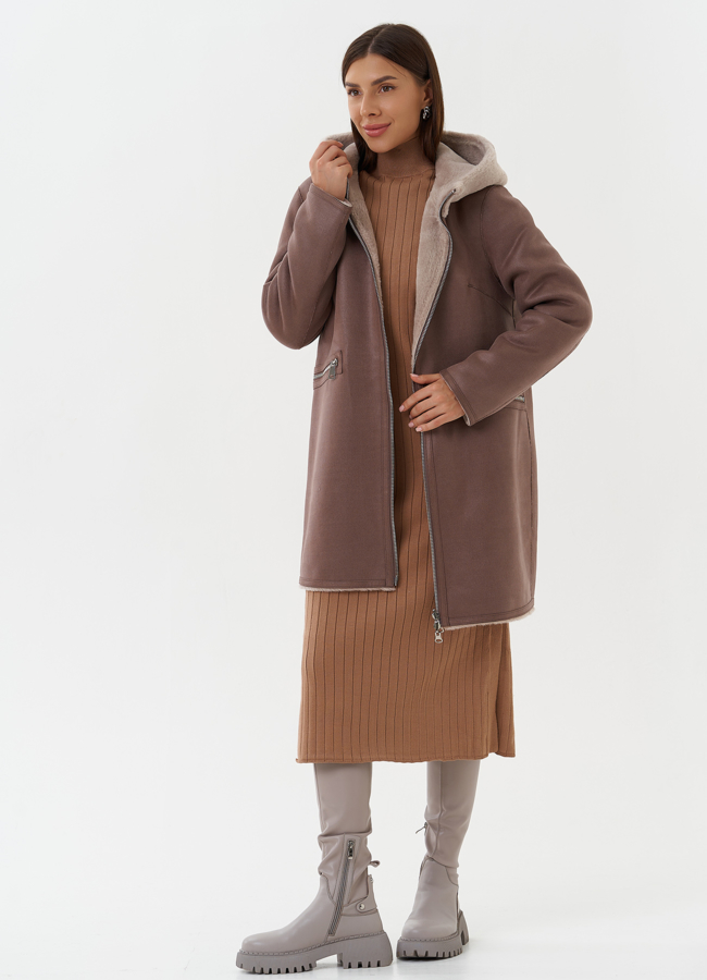 Двухсторонняя экодубленка с капюшоном модель № 27766 универмаг малина