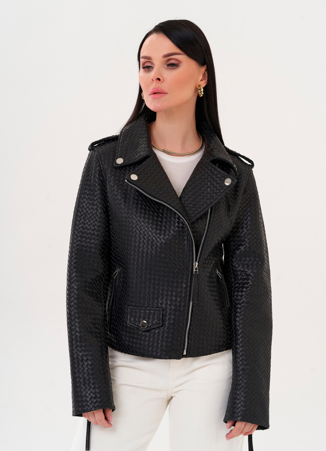 Куртка из натуральной кожи с плетением модель № 26950 меха малина