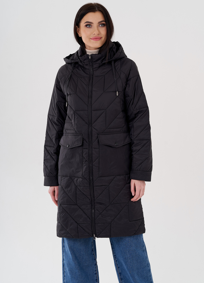 Женское полупальто с капюшоном черного цвета  модель № 24332 универмаг малина