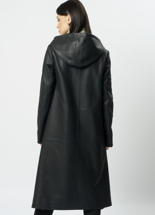 Пальто с капюшоном из натуральной кожи  модель № 10711 в кредит