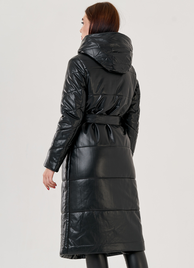 Длинный пуховик из эко кожи Malina Siberian модель № 79128 в кредит