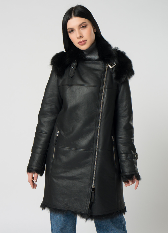 Дубленка женская с капюшоном модель № 21845 меха малина