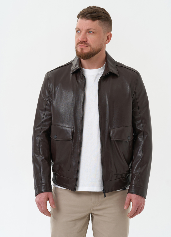 Мужская куртка из натуральной кожи коричневого цвета модель № 30069 меха малина Мужская куртка из натуральной кожи коричневого цвета модель № 30069 меха малина