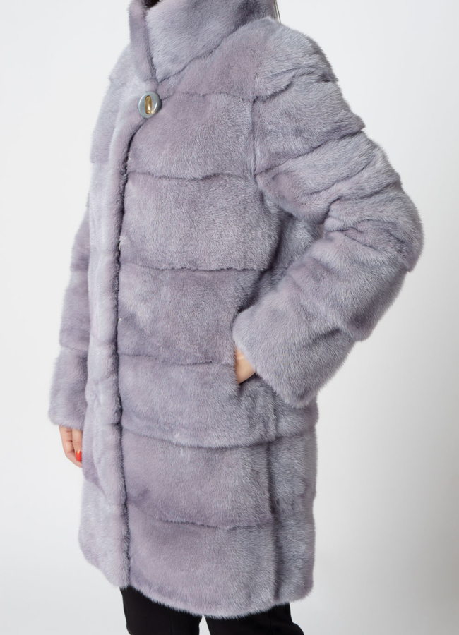 Норковая шуба с воротником стойкой голубого цвета модель № S-811 в кредит