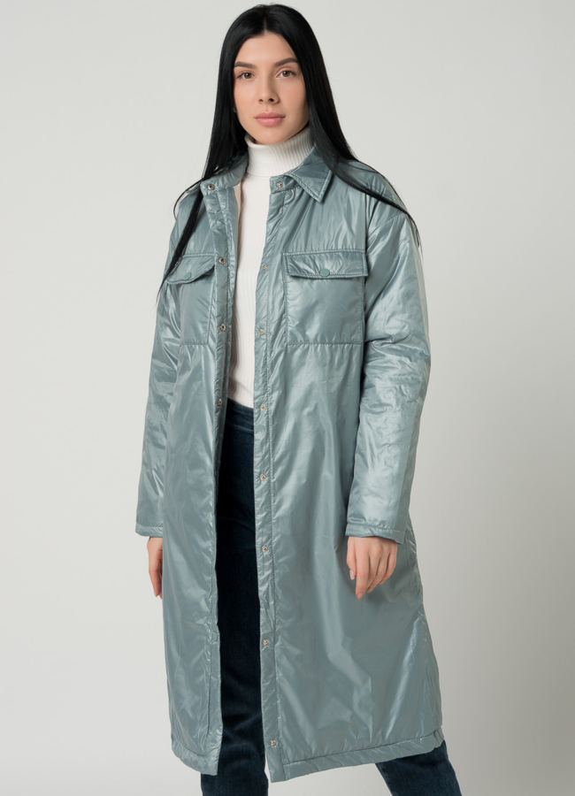 Женское пальто-рубашка светло-зеленого цвета с поясом модель № 22392 универмаг малина