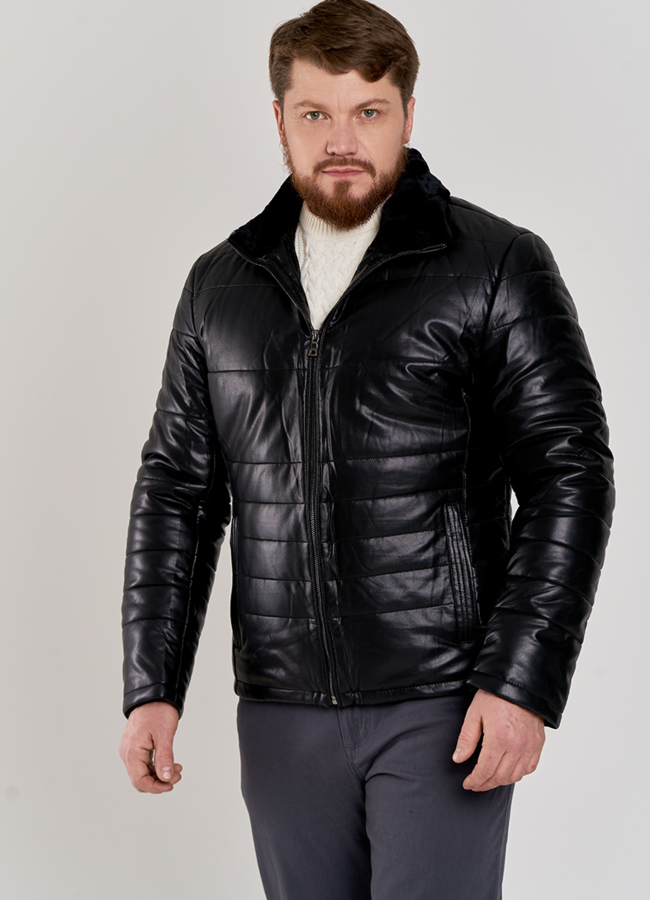 Мужской пуховик из эко кожи модель № П-507 меха малина