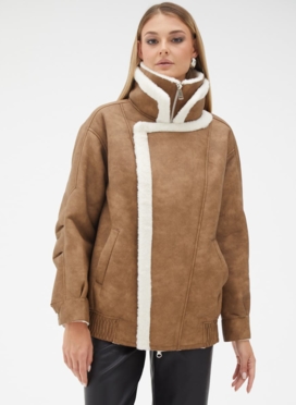 Женская дубленка из эко кожи с воротником стойкой