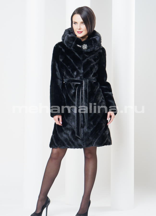 Шуба из мутона с норкой, цвет черный модель № S-304 в кредит