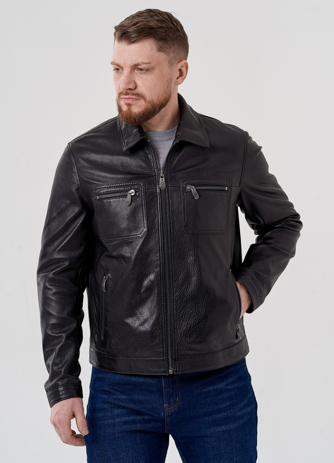 фото Мужская куртка из натуральной кожи черного цвета  модель № 24397