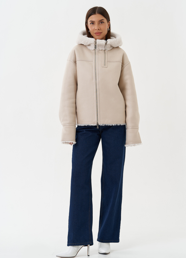 фото Двухсторонняя дубленка из эко кожи с капюшоном модель № 28653