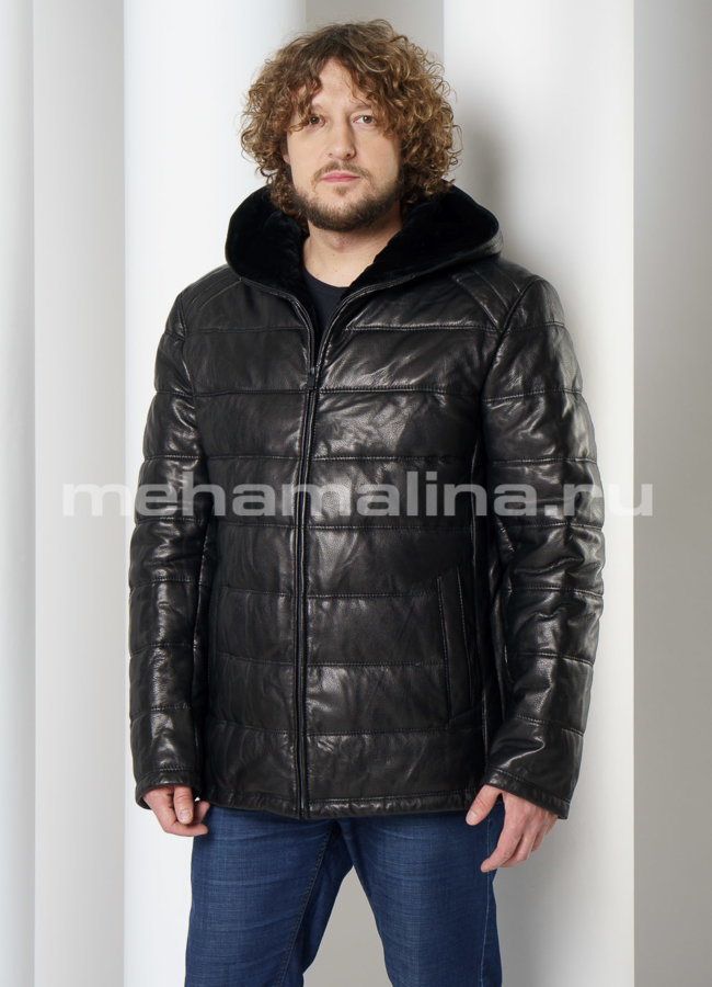 Кожаный пуховик с отделкой из овчины модель № KP-230 меха малина