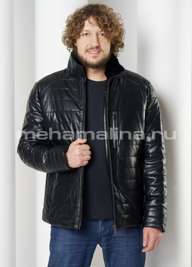 Пуховик из эко кожи черного цвета, на молнии, отделка овчина модель № KP-237 универмаг малина