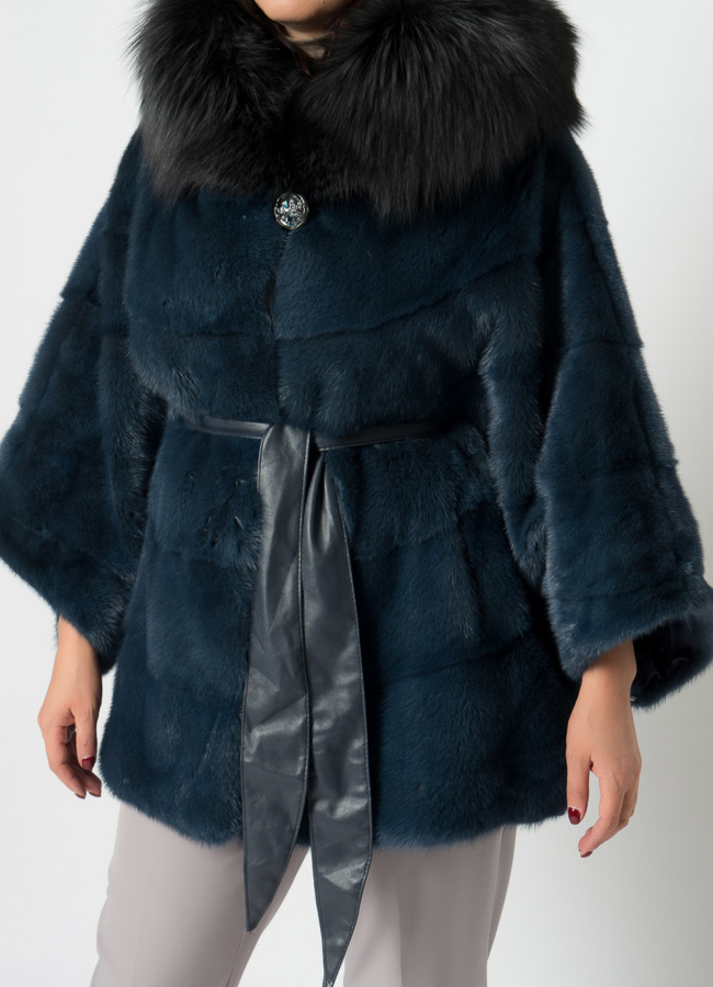 Шуба из норки в синем цвете  модель № 21688 в рассрочку