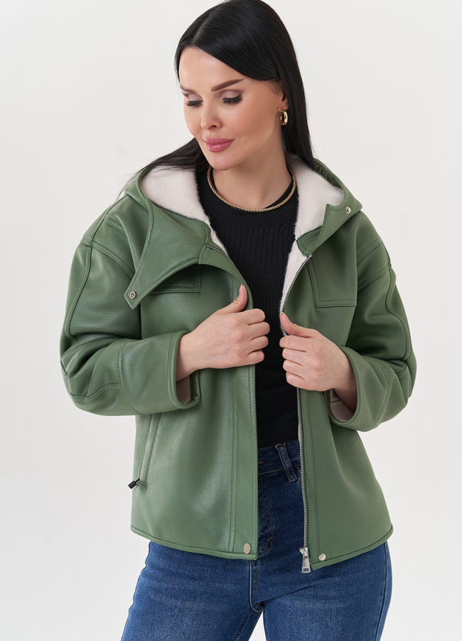 Дубленка из эко замши с капюшоном модель № 26864 в рассрочку