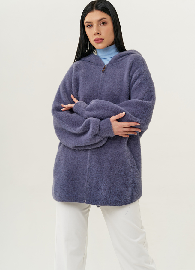 Женский кардиган с  капюшоном модель № 9852 меха малина