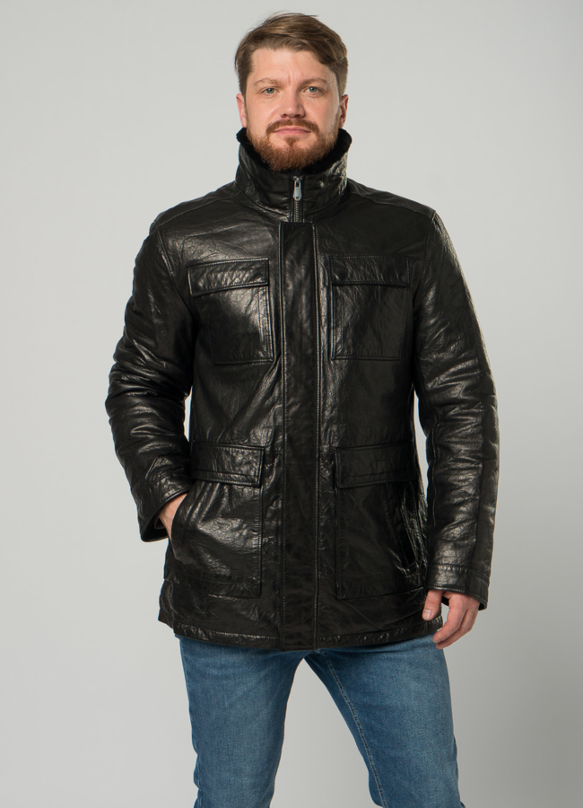 Мужской пуховик из натуральной кожи черного цвета модель № 21922 универмаг малина