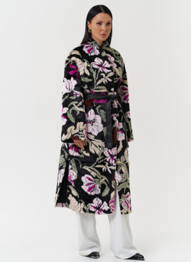 Пальто из эко меха с цветочным принтом