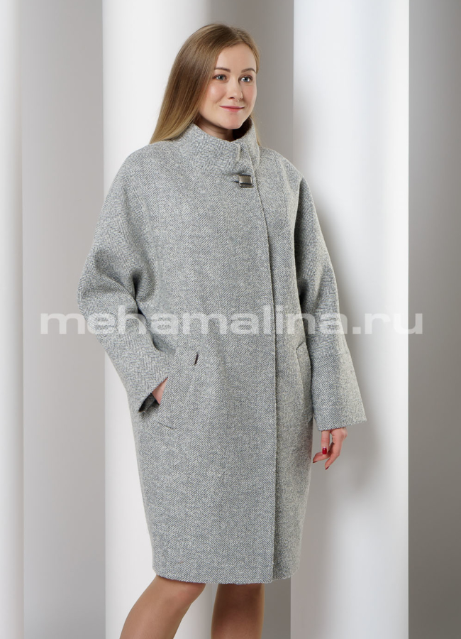 Серое пальто на кнопках, фасон - баллон модель № 11438 меха малина