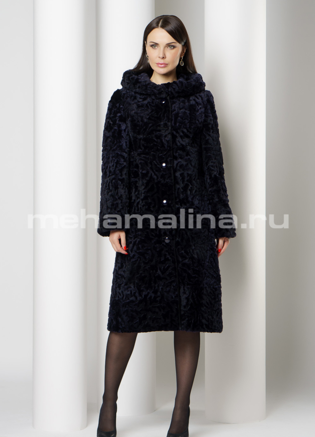 Мутоновая шуба расклешенная на пуговицах с капюшоном синего цвета модель № S-738 в кредит