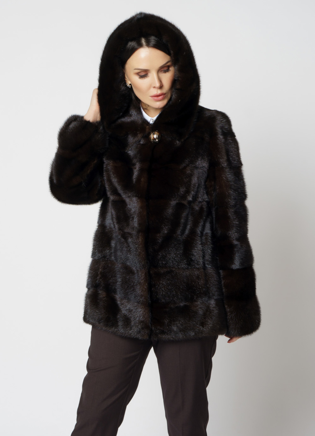 Укороченная норковая шуба с капюшоном 2 в 1 модель № S-819 в кредит