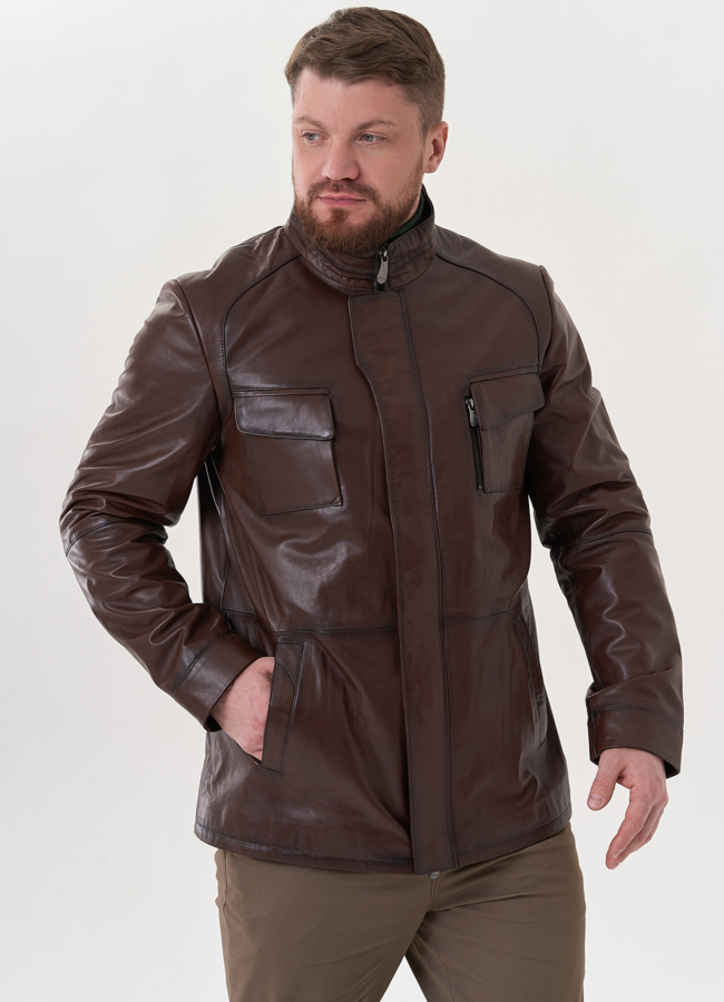 Мужская куртка из натуральной кожи модель № 26703 меха малина