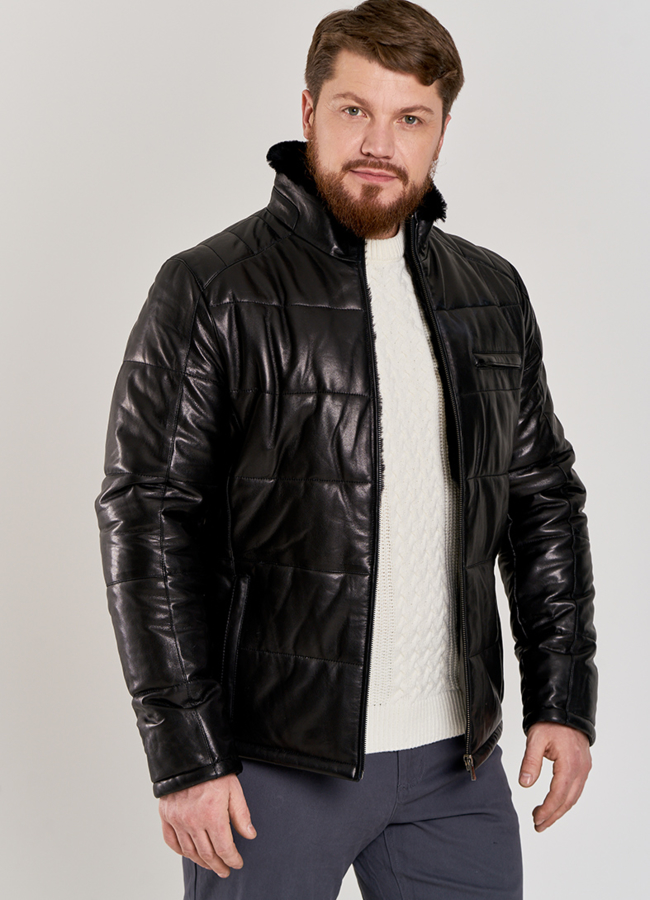 Мужская зимняя куртка из натуральной кожи модель № П-504 меха малина