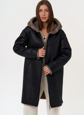 Женская двухсторонняя дубленка из эко замши с капюшоном Женская двухсторонняя дубленка из эко замши с капюшоном