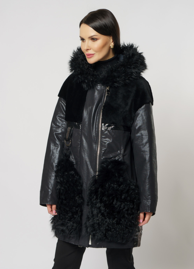 Пуховик двусторонний на молнии с капюшоном модель № 239 меха малина