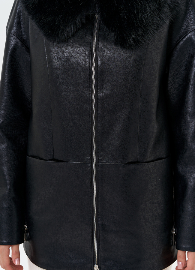 Женская утепленная куртка из эко кожи с капюшоном из эко меха модель № 31495 универмаг малина Женская утепленная куртка из эко кожи с капюшоном из эко меха модель № 31495 универмаг малина