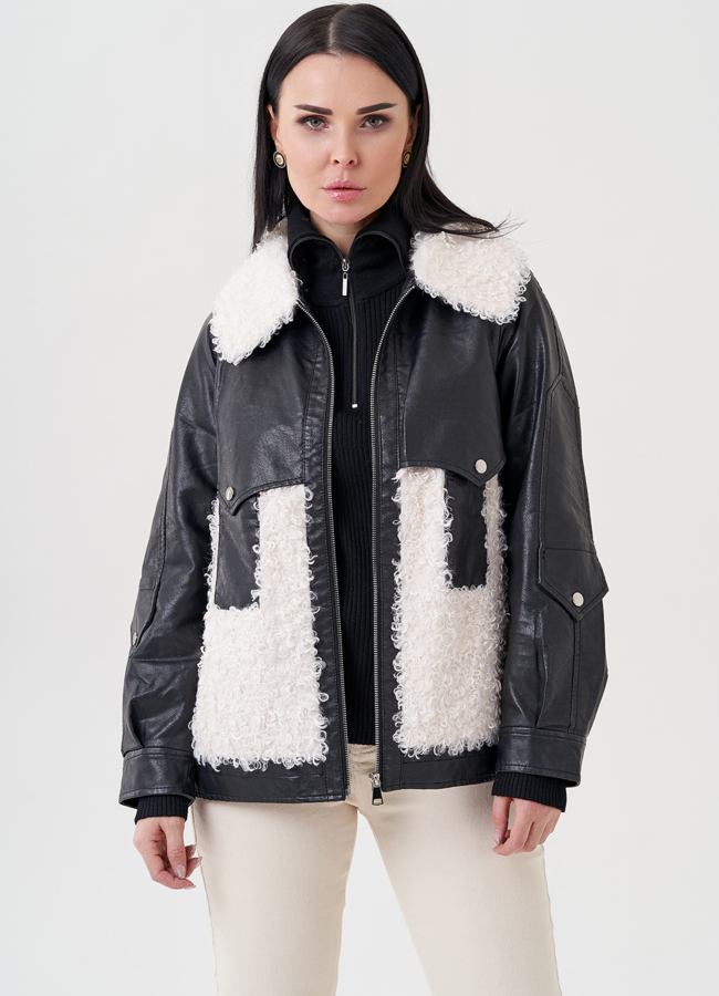 Куртка из эко кожи на утеплителе с отделкой из эко меха модель № FA-108 в рассрочку