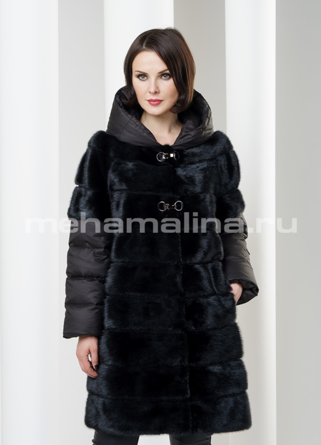 Шуба норковая с отстегивающимися рукавами и капюшоном модель № S-189 меха малина