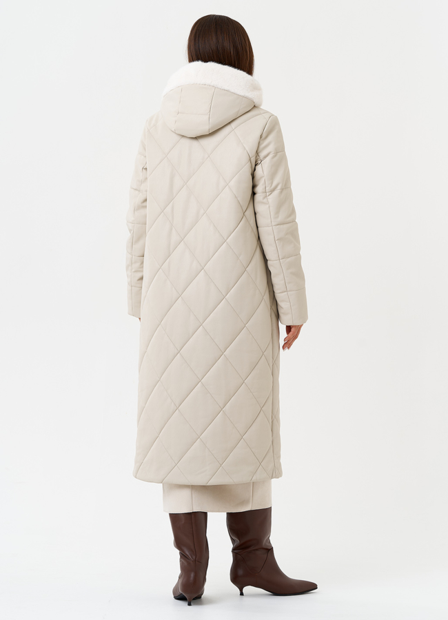 Женский стеганый пуховик из эко кожи с капюшоном модель № 27731 универмаг малина