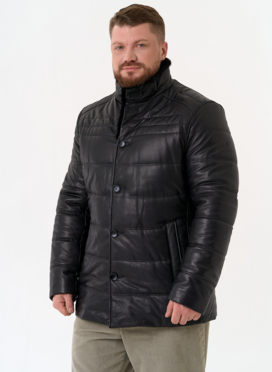 Пуховик из натуральной кожи с воротником стойкой