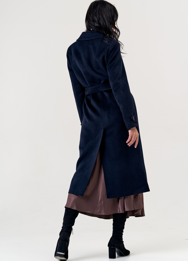 Женское пальто синего цвета с поясом модель № 21372 в рассрочку