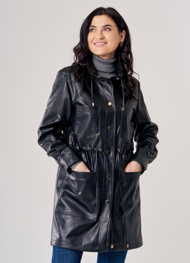 Плащ женский из эко кожи черного цвета модель № 20771 универмаг малина