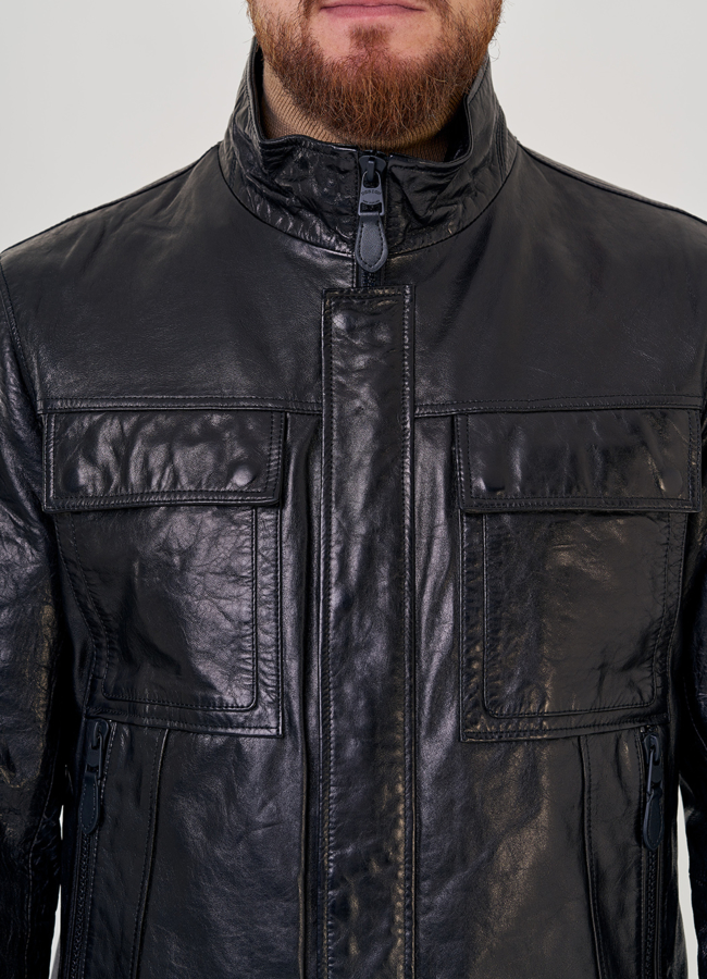 Мужская кожаная куртка черного цвета  модель № 23144 универмаг малина