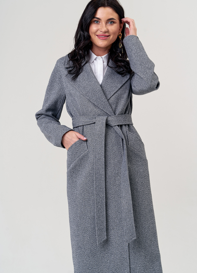 Женское пальто серого цвета с английским воротником модель № 21305 универмаг малина