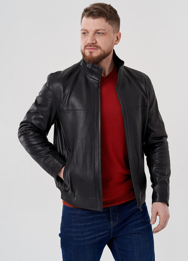 Мужская кожаная куртка  модель № 24438 меха малина
