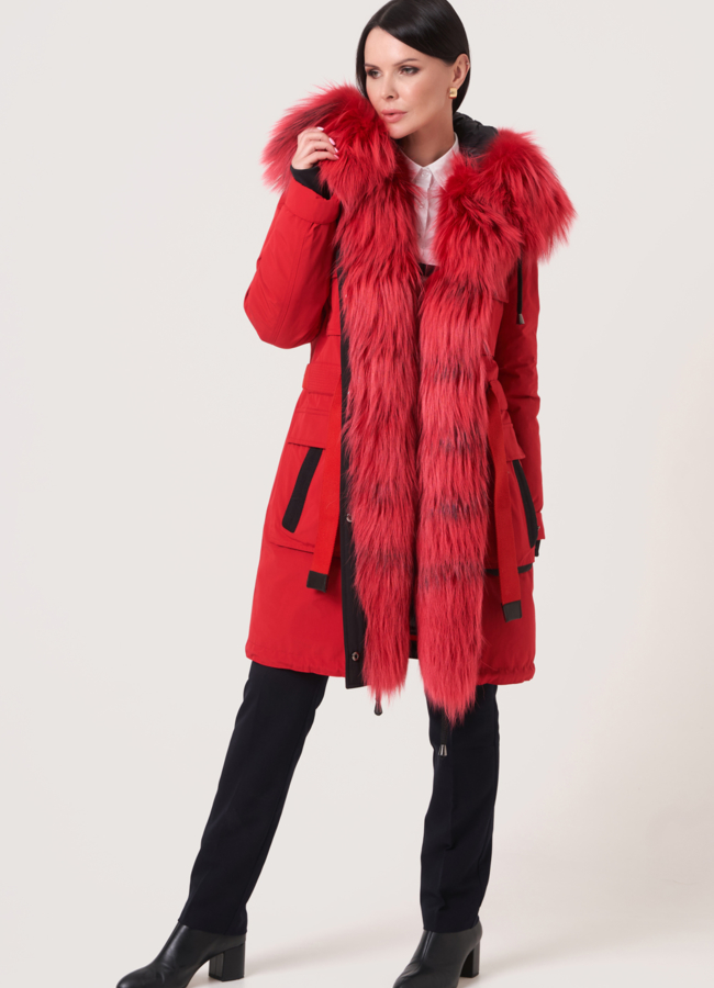 Красная меховая парка с капюшоном модель № 12035 меха малина
