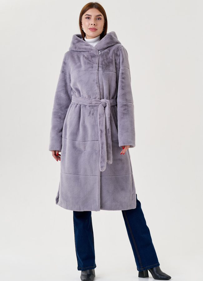 фото Женское пальто из эко меха с капюшоном  модель № 79337