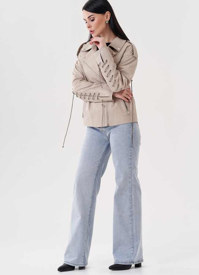 Женкая куртка-косуха из натуральной кожи  модель № 24402 меха малина