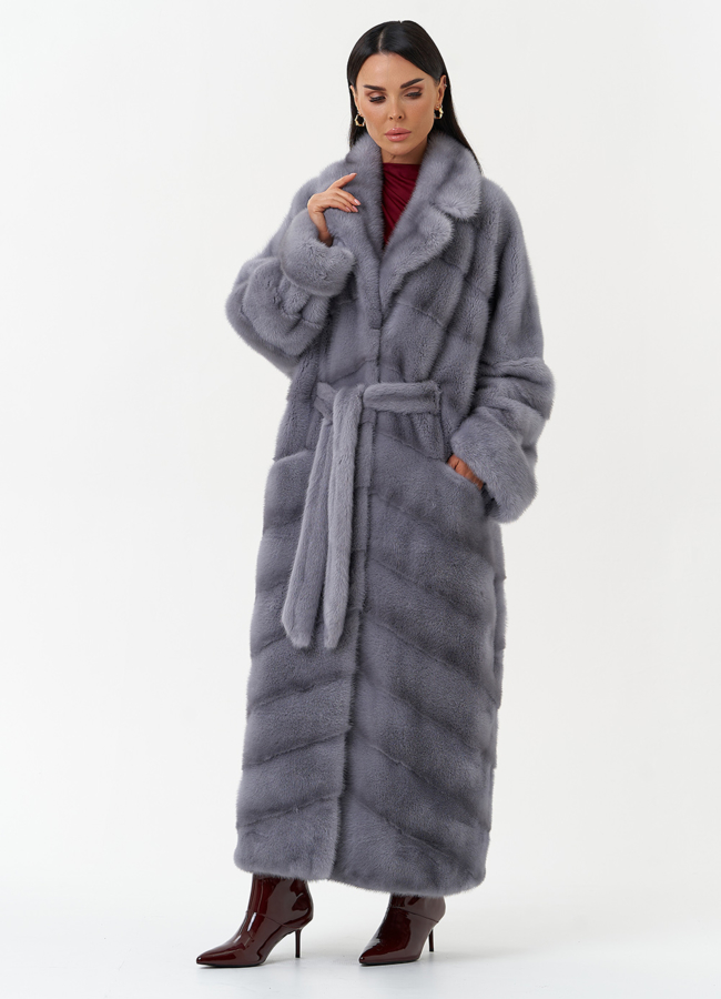 фото Длинная шуба из меха норки с английским воротником модель № 31041