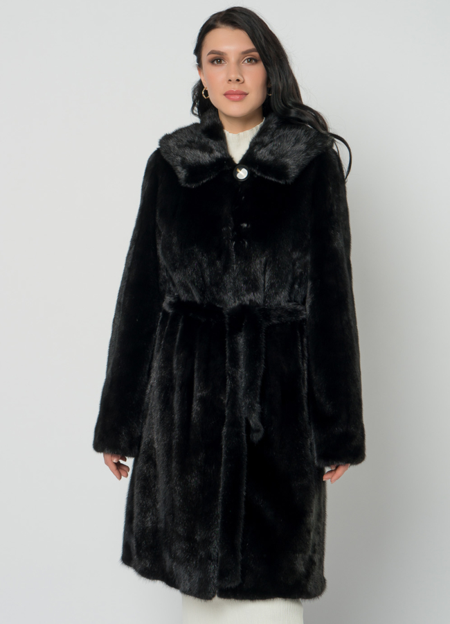 Норковая шуба с капюшоном и поясом черного цвета модель № 29529 универмаг малина