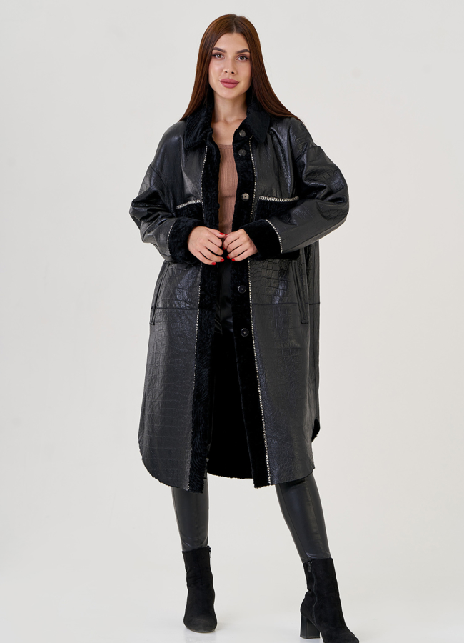 Двухсторонняя женская дубленка черного цвета  модель № 23357 в рассрочку