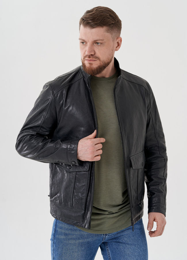 Мужская кожаная куртка серого цвета  модель № 24481 в рассрочку