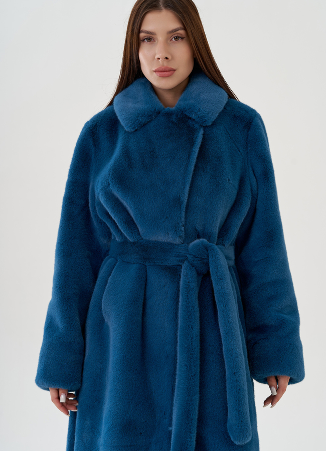 Удлиненная шуба из экомеха с поясом модель № 81535 в рассрочку