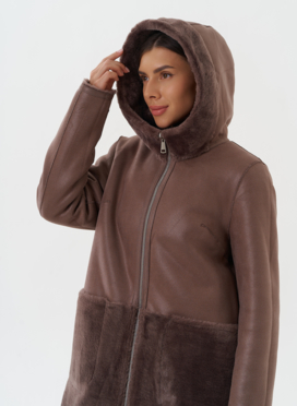 Двухсторонняя дубленка из эко кожи с капюшоном