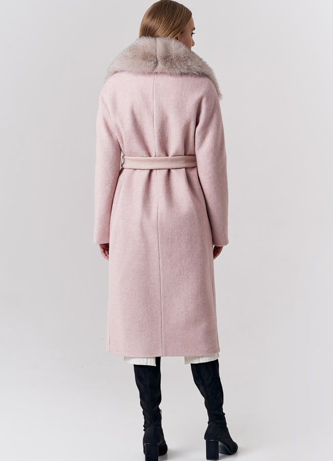 фото Зимнее пальто оверсайз бежевого цвета с отделкой из песца модель № 21834