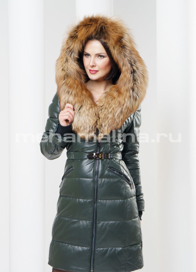 Пуховик кожаный с капюшоном модель № П-39 в кредит